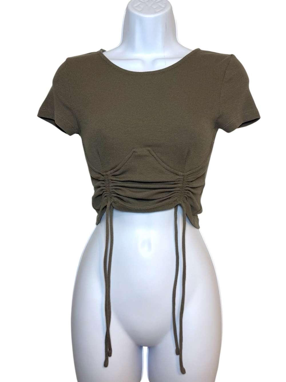 Princess Polly Olive Green Ruched Crop Top Drawstring Short Sleeve